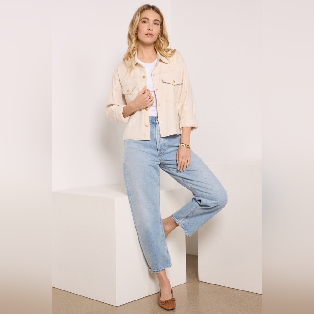 Evereve Frankie Stretch Linen Cropped Shacket Natural Cream Size Small - Picture 10 of 14